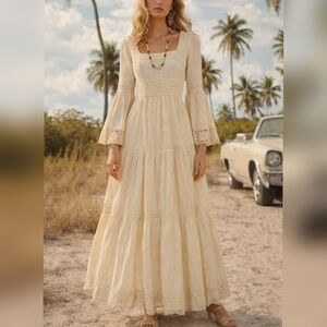 Victor Costa Neiman Marcus Vintage 70s Ivory Lace Boho Maxi Dress sz 6